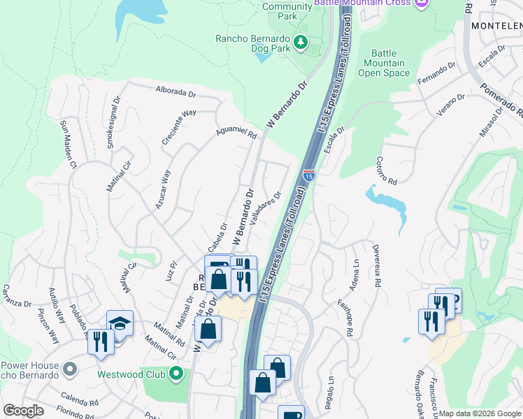 map of restaurants, bars, coffee shops, grocery stores, and more near 17951 Valladares Drive in San Diego