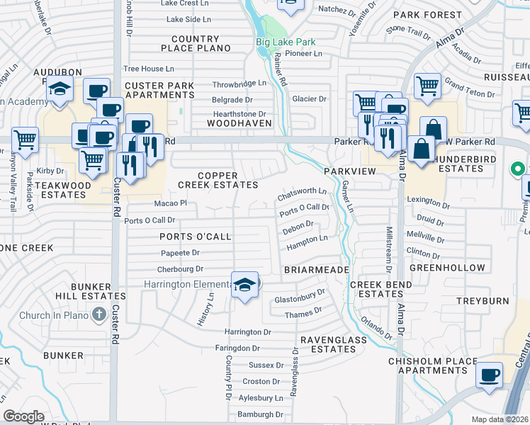 map of restaurants, bars, coffee shops, grocery stores, and more near 1509 Ports O Call Drive in Plano
