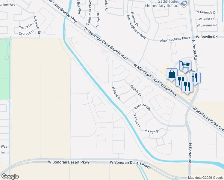 map of restaurants, bars, coffee shops, grocery stores, and more near 17400 North Rosa Drive in Maricopa