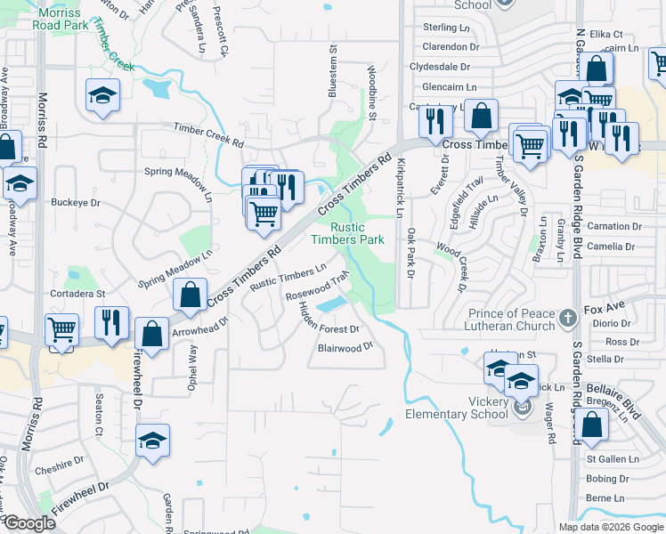 map of restaurants, bars, coffee shops, grocery stores, and more near 1304 Rustic Timbers Lane in Flower Mound