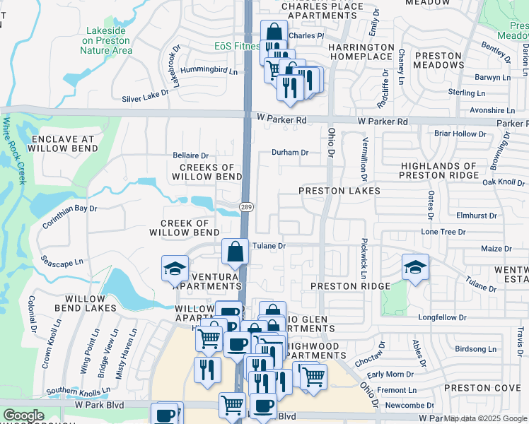 map of restaurants, bars, coffee shops, grocery stores, and more near 2728 Deansbrook Drive in Plano