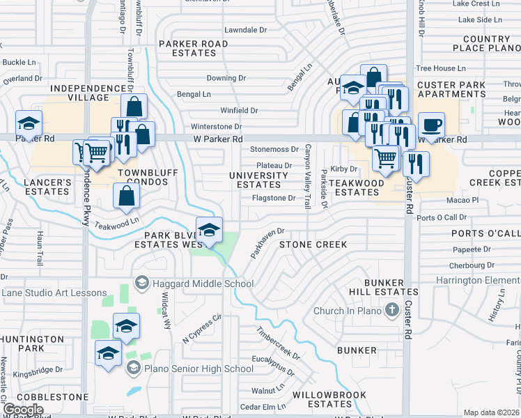 map of restaurants, bars, coffee shops, grocery stores, and more near 2904 Teakwood Cir in Plano