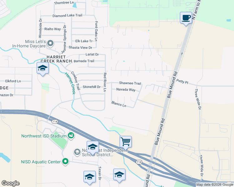 map of restaurants, bars, coffee shops, grocery stores, and more near 16129 Kiva Court in Justin