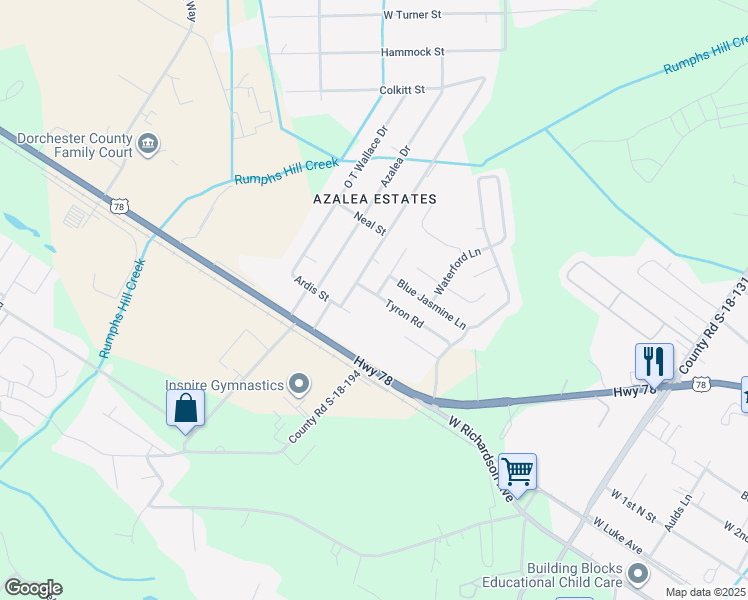 map of restaurants, bars, coffee shops, grocery stores, and more near 137 Tyron Road in Summerville