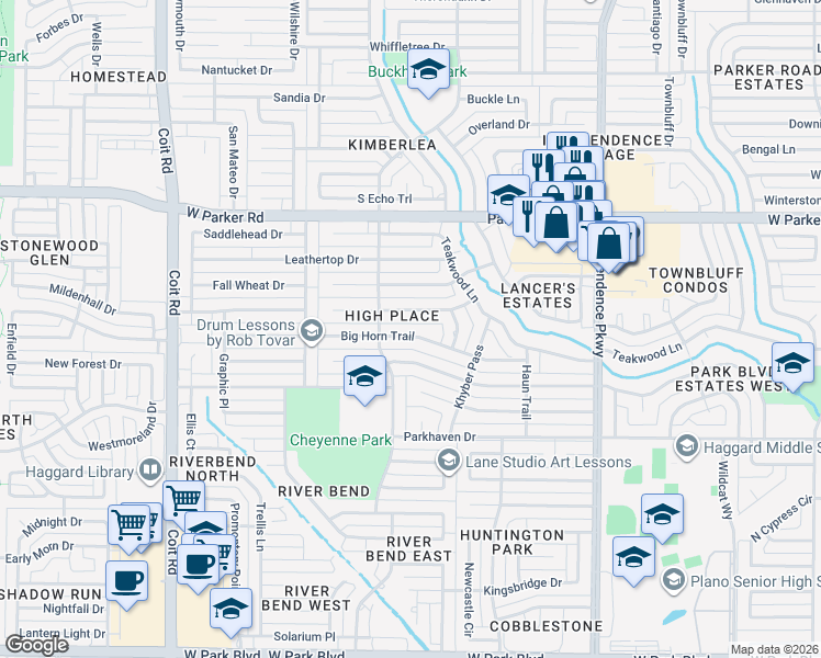 map of restaurants, bars, coffee shops, grocery stores, and more near 3533 Big Horn Trail in Plano