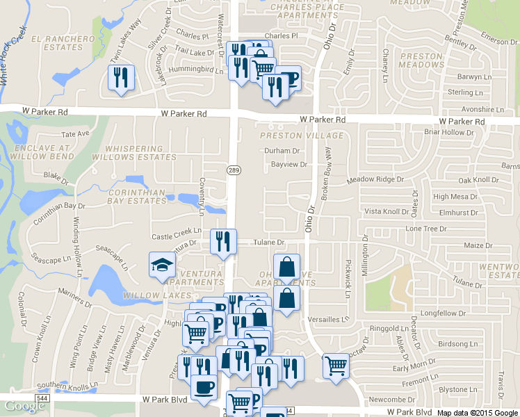 map of restaurants, bars, coffee shops, grocery stores, and more near 2728 Deansbrook Drive in Plano