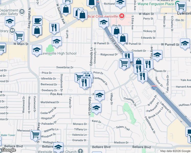 map of restaurants, bars, coffee shops, grocery stores, and more near 231 Centennial Drive in Lewisville