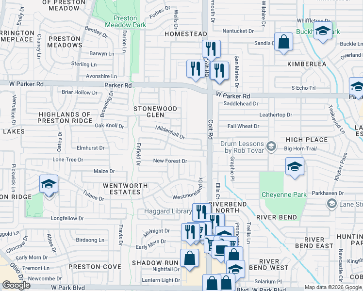 map of restaurants, bars, coffee shops, grocery stores, and more near 4033 Saltburn Drive in Plano