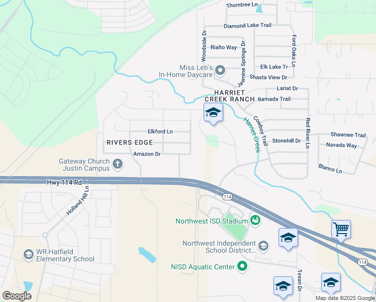 map of restaurants, bars, coffee shops, grocery stores, and more near 1453 Amazon Drive in Justin