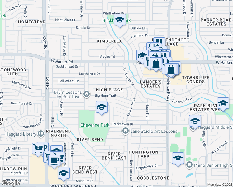 map of restaurants, bars, coffee shops, grocery stores, and more near 3533 Big Horn Trail in Plano