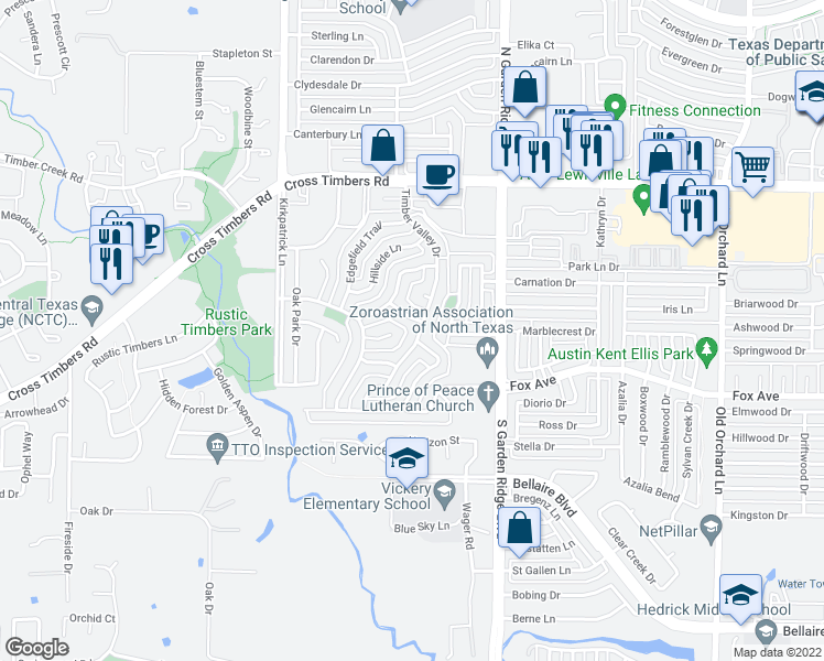 map of restaurants, bars, coffee shops, grocery stores, and more near 1204 Timber Valley Drive in Flower Mound
