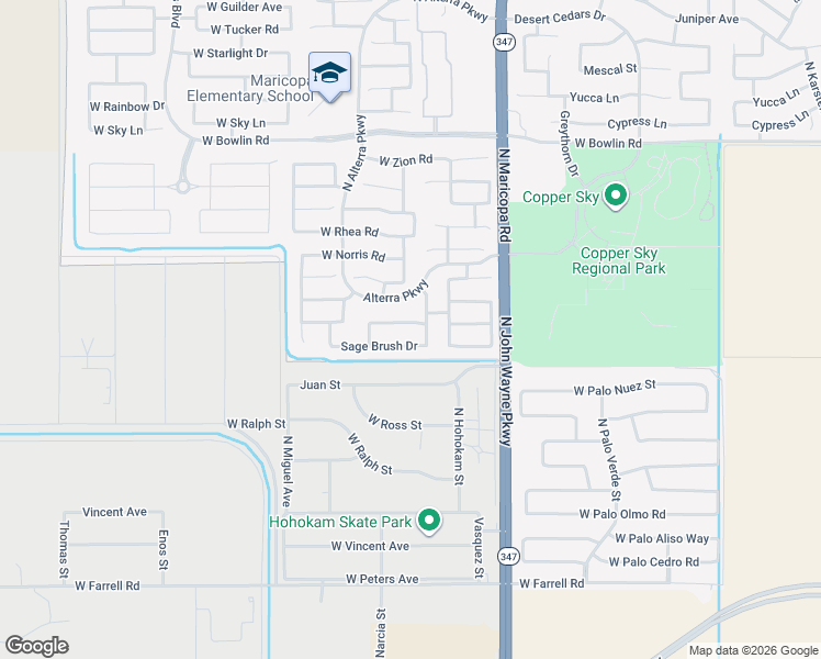 map of restaurants, bars, coffee shops, grocery stores, and more near 45031 West Woody Road in Maricopa