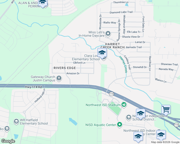 map of restaurants, bars, coffee shops, grocery stores, and more near 1453 Amazon Drive in Justin