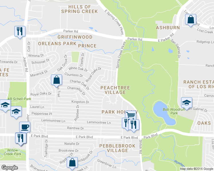 map of restaurants, bars, coffee shops, grocery stores, and more near 3104 Kings Way in Plano