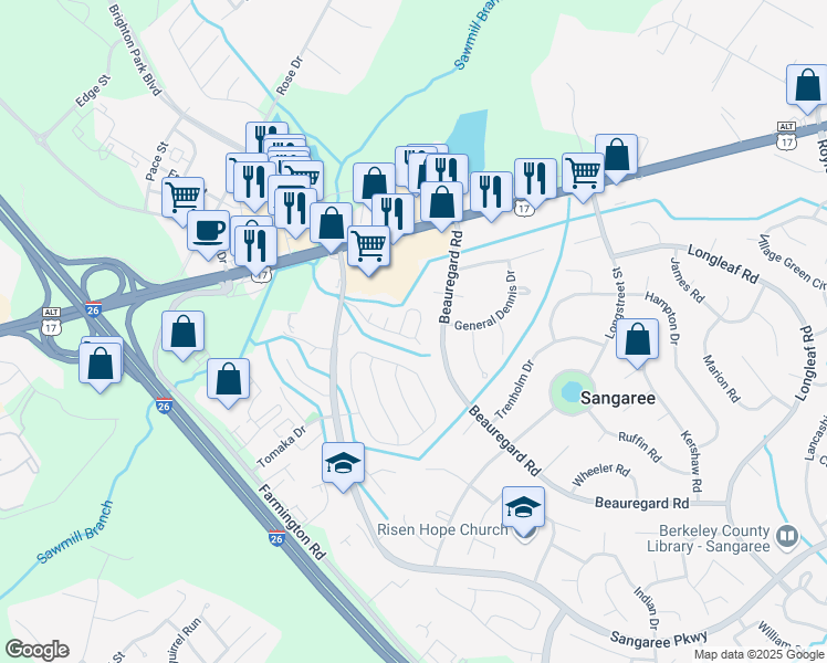 map of restaurants, bars, coffee shops, grocery stores, and more near 202 Pebble Creek Road in Summerville