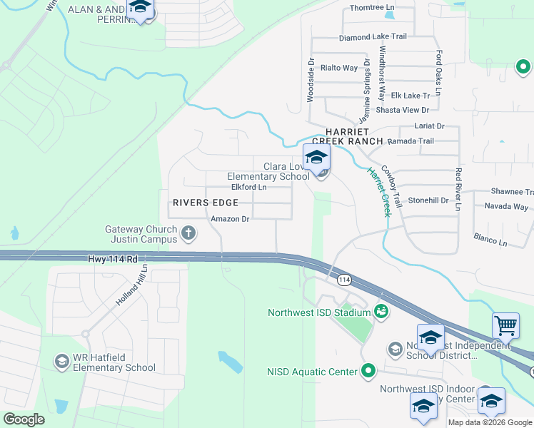 map of restaurants, bars, coffee shops, grocery stores, and more near 1421 Amazon Drive in Justin
