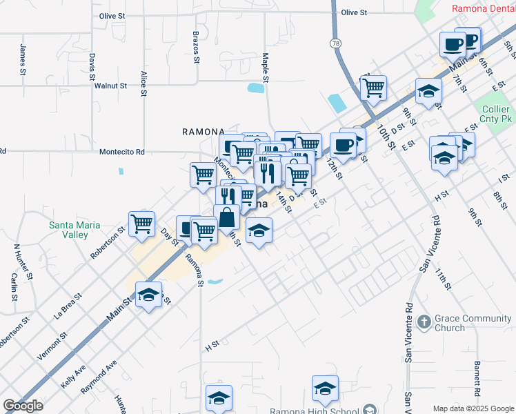 map of restaurants, bars, coffee shops, grocery stores, and more near 1444 Main Street in Ramona