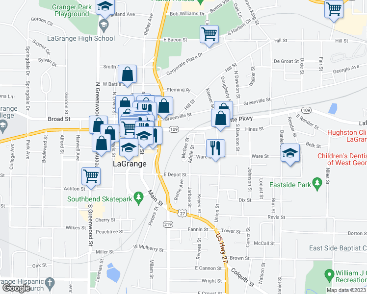 map of restaurants, bars, coffee shops, grocery stores, and more near 108 McGee Street in LaGrange