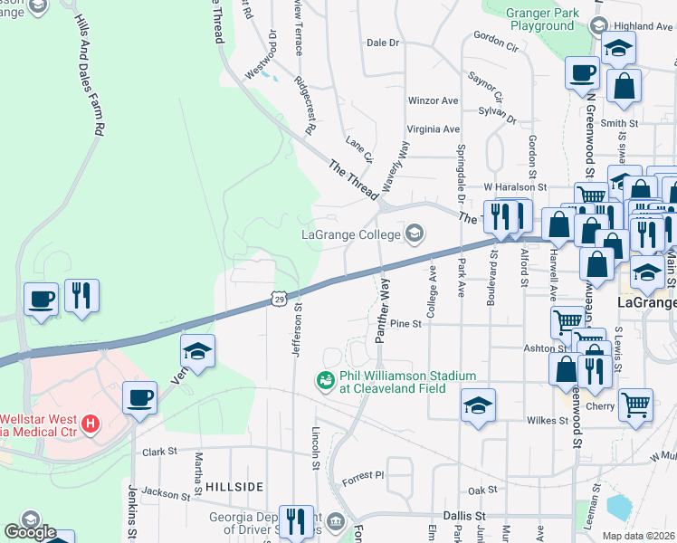 map of restaurants, bars, coffee shops, grocery stores, and more near 1102 Vernon Street in LaGrange