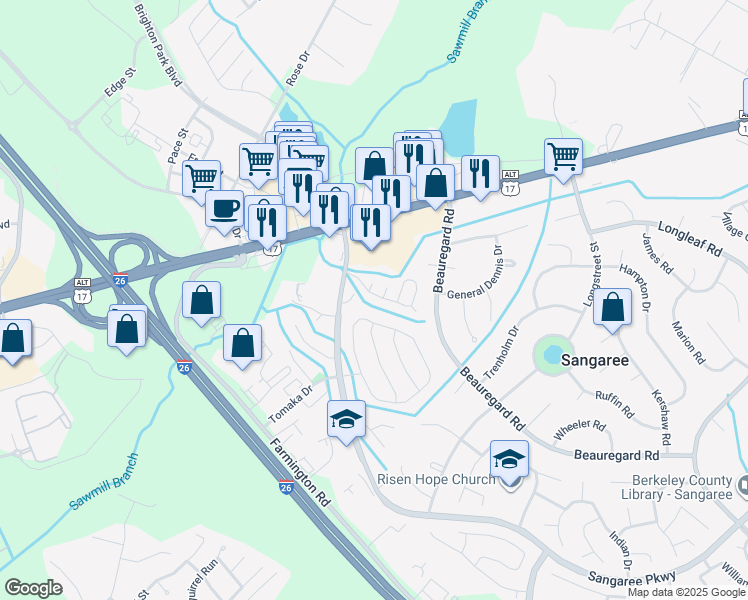 map of restaurants, bars, coffee shops, grocery stores, and more near 113 Pebble Creek Road in Summerville