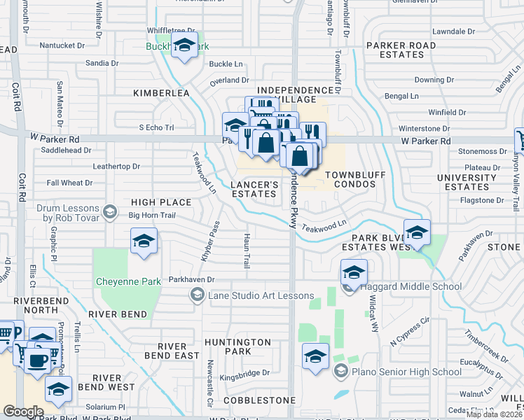map of restaurants, bars, coffee shops, grocery stores, and more near 2929 Bandolino Lane in Plano