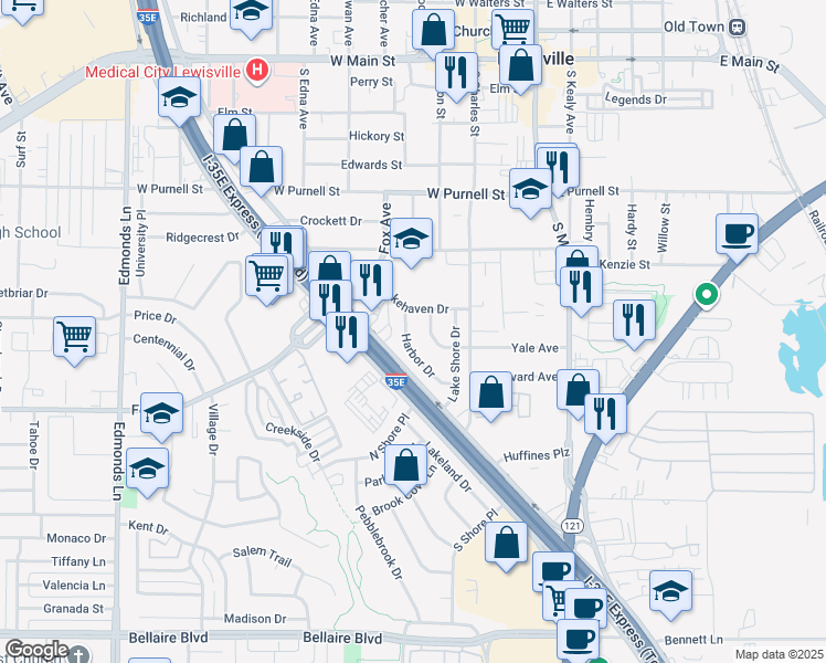 map of restaurants, bars, coffee shops, grocery stores, and more near 820 Harbor Drive in Lewisville