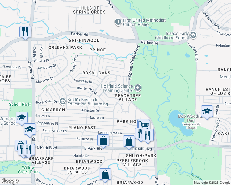 map of restaurants, bars, coffee shops, grocery stores, and more near 3104 Kings Way in Plano