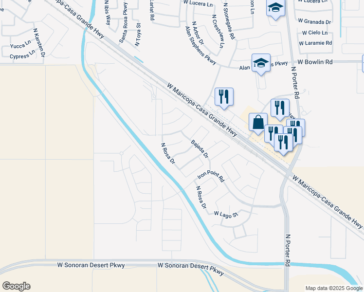 map of restaurants, bars, coffee shops, grocery stores, and more near 42381 W Mira Ct in Maricopa