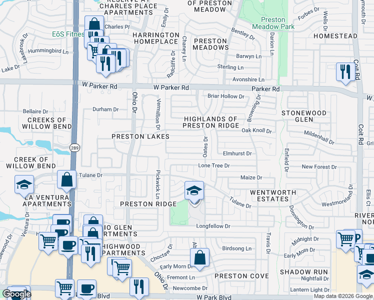 map of restaurants, bars, coffee shops, grocery stores, and more near 4545 Vista Knoll Drive in Plano