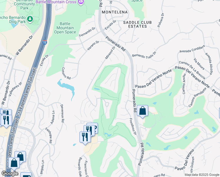 map of restaurants, bars, coffee shops, grocery stores, and more near 17927 Sencillo Court in San Diego