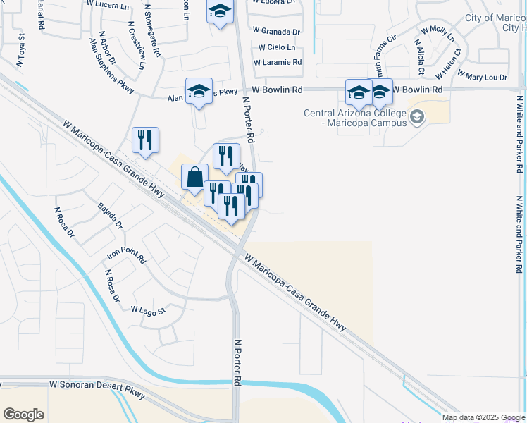 map of restaurants, bars, coffee shops, grocery stores, and more near 17485 North Porter Road in Maricopa
