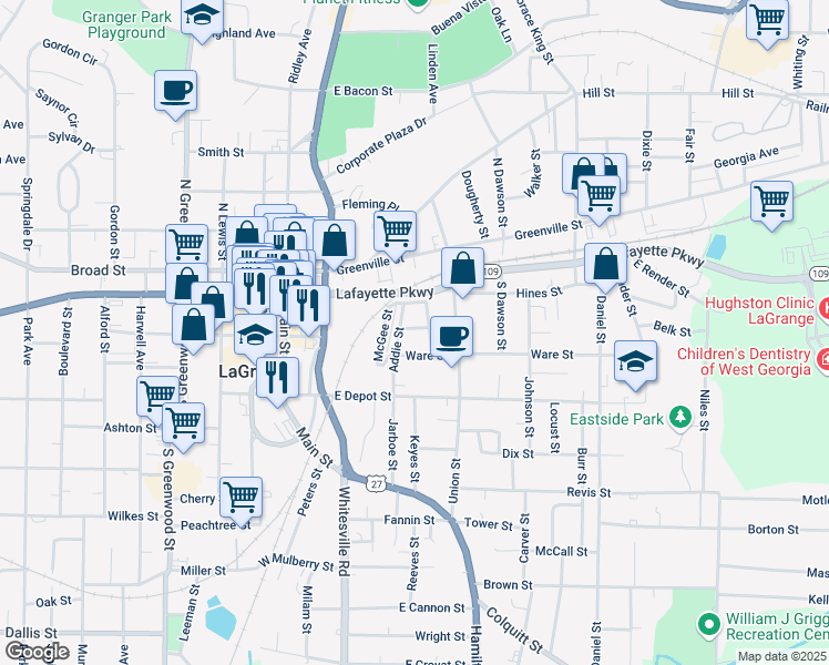 map of restaurants, bars, coffee shops, grocery stores, and more near 106 Baugh Street in LaGrange