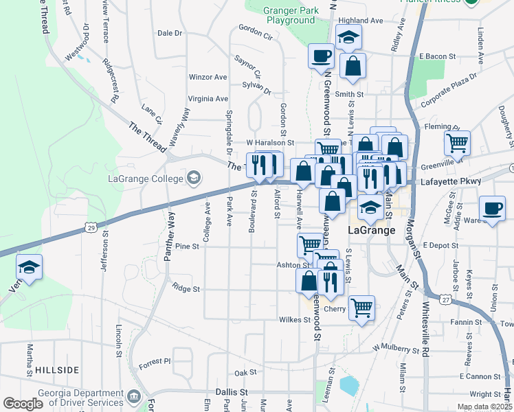 map of restaurants, bars, coffee shops, grocery stores, and more near 111 Boulevard Street in LaGrange