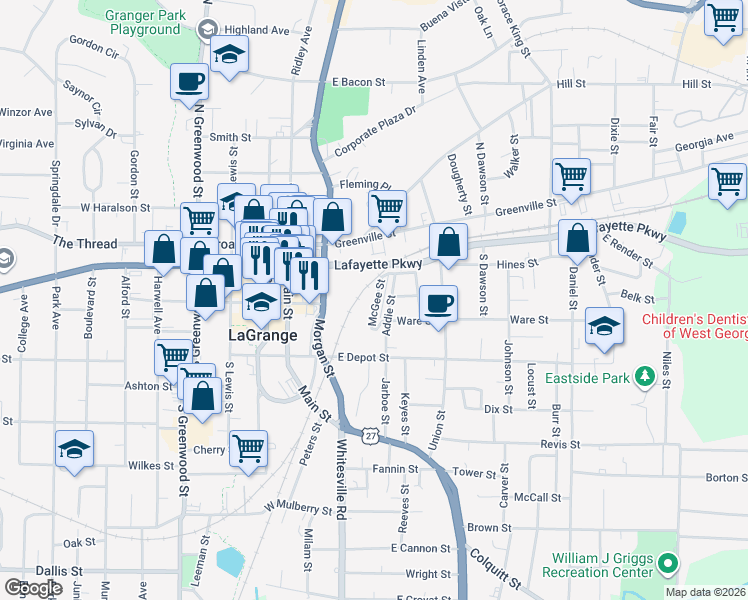map of restaurants, bars, coffee shops, grocery stores, and more near 108 McGee Street in LaGrange