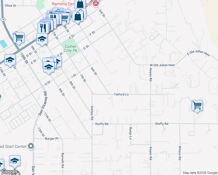 map of restaurants, bars, coffee shops, grocery stores, and more near 1080 6th Street in Ramona