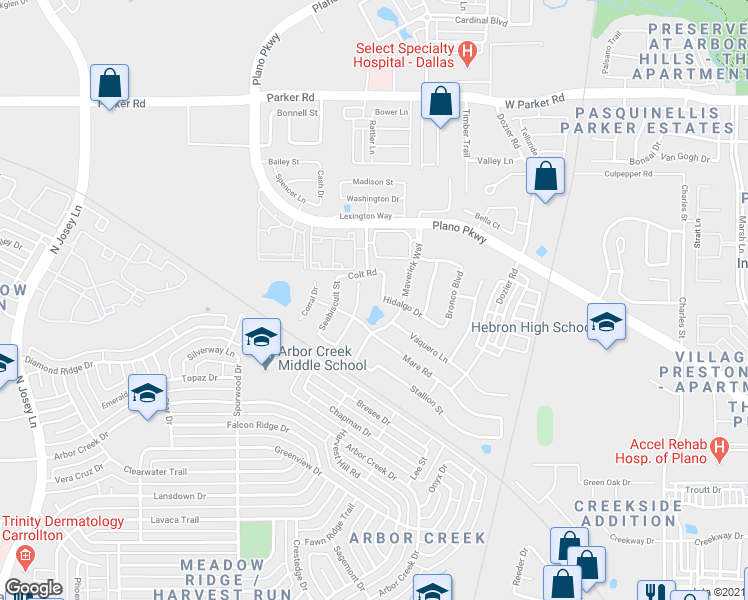 map of restaurants, bars, coffee shops, grocery stores, and more near 2260 Hidalgo Drive in Carrollton