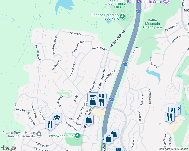 map of restaurants, bars, coffee shops, grocery stores, and more near 11456 Palito Court in San Diego