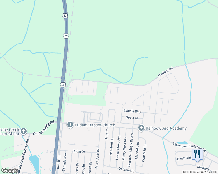 map of restaurants, bars, coffee shops, grocery stores, and more near 421 Brawley Drive in Goose Creek