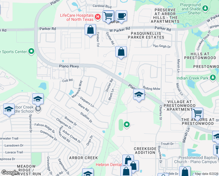 map of restaurants, bars, coffee shops, grocery stores, and more near 4687 Rhett Lane in Carrollton