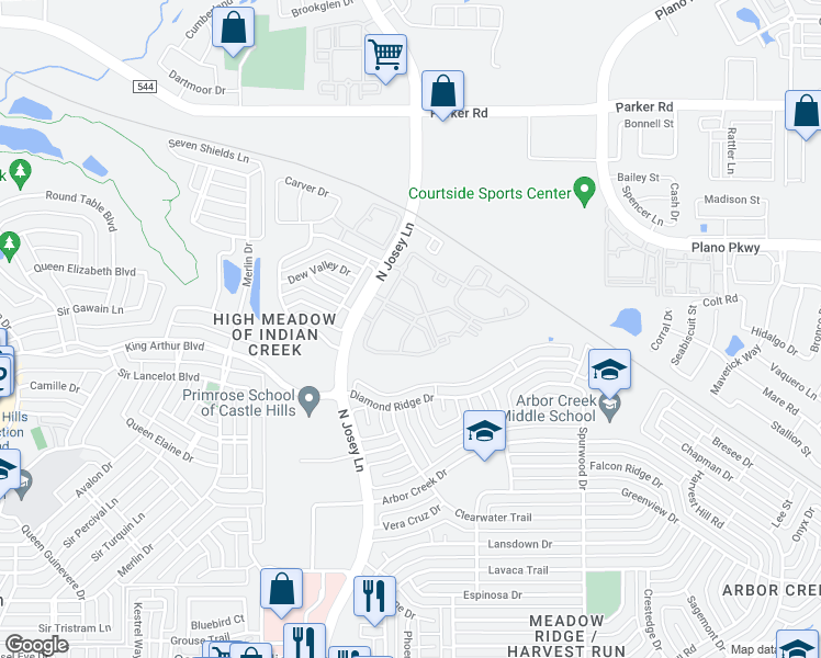 map of restaurants, bars, coffee shops, grocery stores, and more near 4600 North Josey Lane in Carrollton