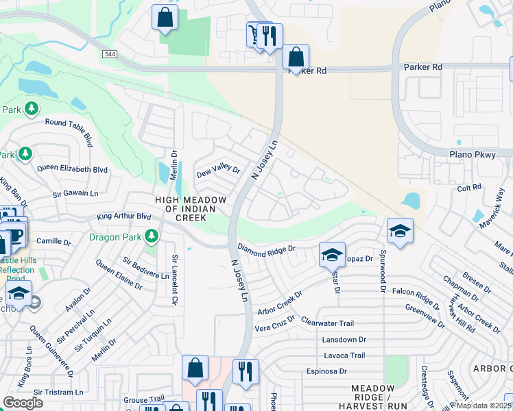 map of restaurants, bars, coffee shops, grocery stores, and more near 4600 North Josey Lane in Carrollton