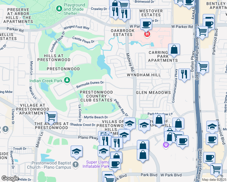 map of restaurants, bars, coffee shops, grocery stores, and more near 6445 Brandon Court in Plano