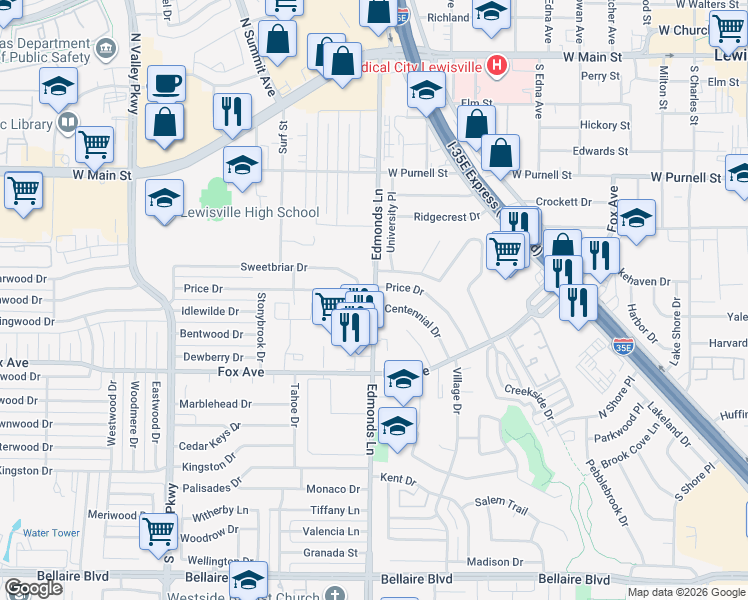 map of restaurants, bars, coffee shops, grocery stores, and more near 862 South Edmonds Lane in Lewisville