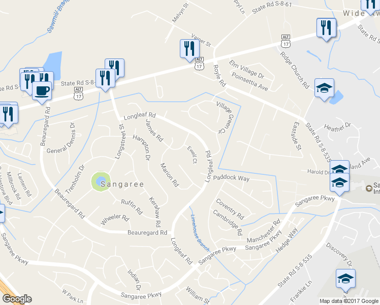 map of restaurants, bars, coffee shops, grocery stores, and more near 106 Ewell Court in Summerville