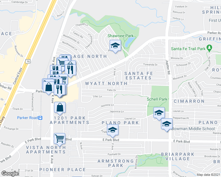 map of restaurants, bars, coffee shops, grocery stores, and more near 1617 Felix Drive in Plano