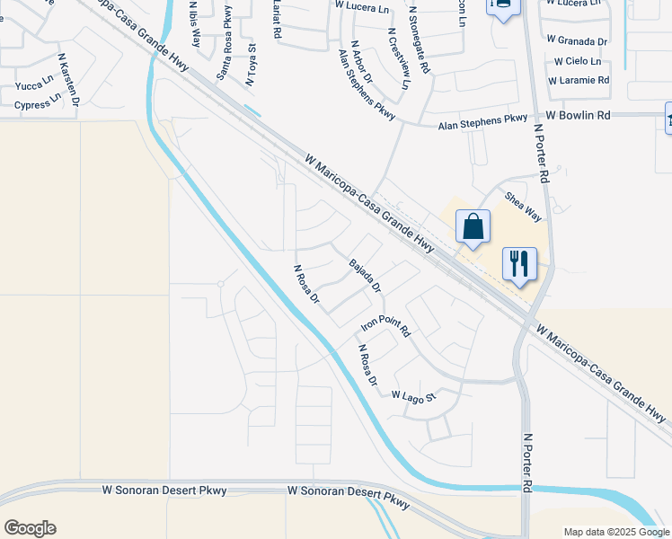 map of restaurants, bars, coffee shops, grocery stores, and more near 42381 West Mira Court in Maricopa