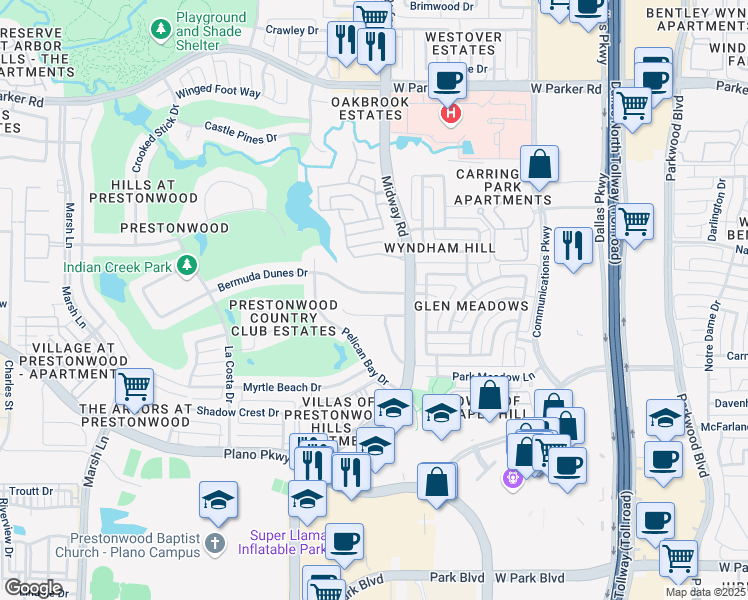 map of restaurants, bars, coffee shops, grocery stores, and more near 6420 Bermuda Dunes Drive in Plano
