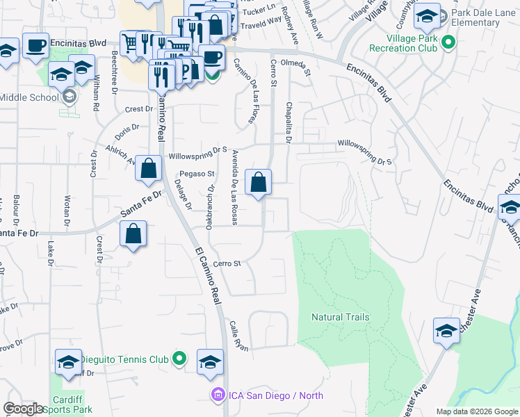 map of restaurants, bars, coffee shops, grocery stores, and more near 444 Cerro Street in Encinitas