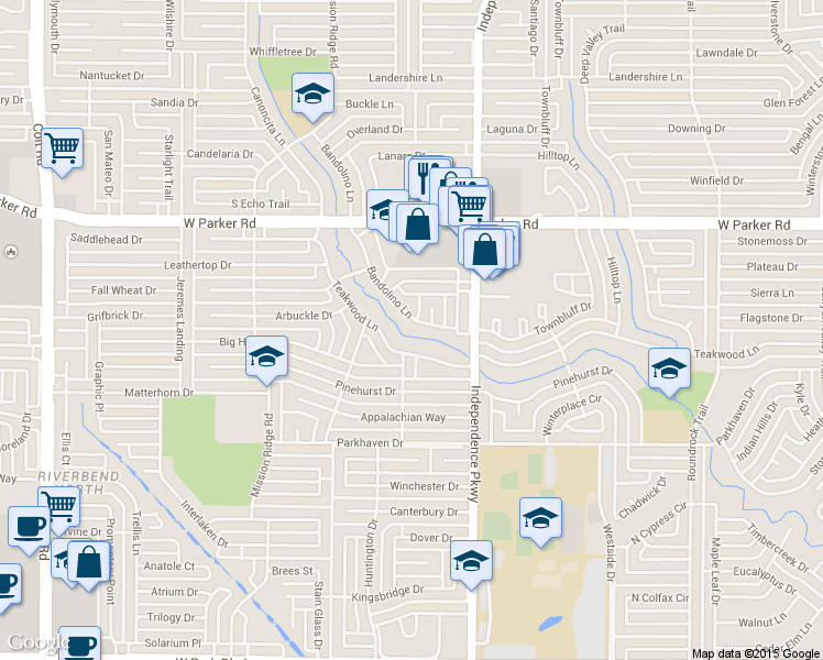 map of restaurants, bars, coffee shops, grocery stores, and more near 2929 Bandolino Lane in Plano