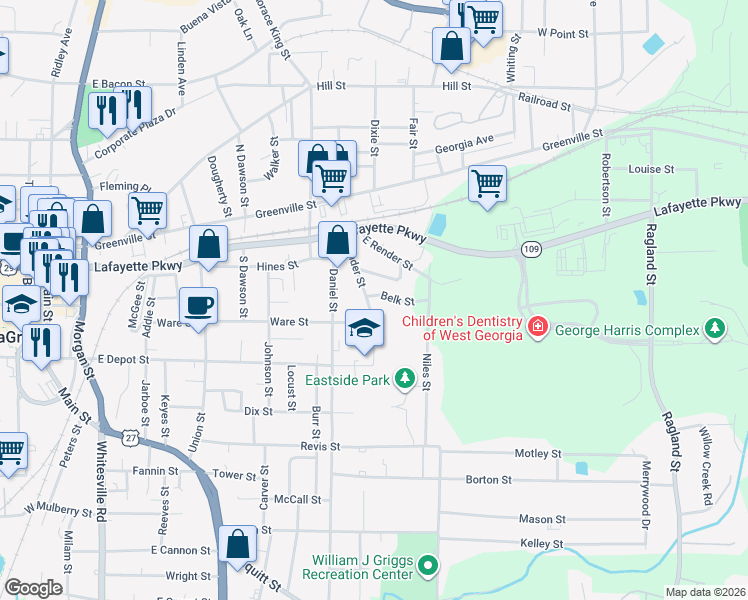 map of restaurants, bars, coffee shops, grocery stores, and more near 317 Render Street in LaGrange